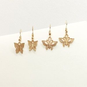 Earrings Butterflies Spring Summer Insect Gold Tone Boho Hippie Jewelry 2 Pack